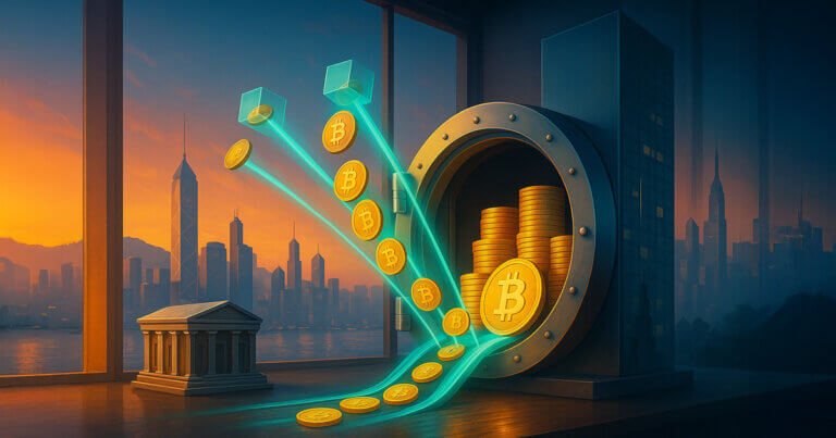 three glowing teal streams of Bitcoin coins flowing into a matte steel vault inside a Hong Kong high-rise office at sunset, symbolizing DDC’s rapid treasury accumulation.