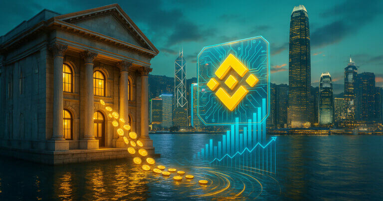 A photorealistic Hong Kong waterfront scene shows a classical bank building spilling glowing coins into Victoria Harbour toward a luminous BNB Chain emblem floating over the skyline, symbolizing a massive money market fund moving on-chain.