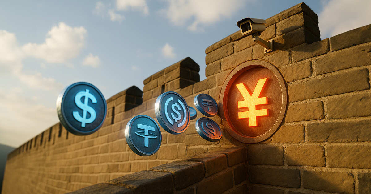 metallic blue USDT and USDC tokens streaking toward a sunlit Great Wall where a glowing red yuan symbol is embedded, captured in high-key natural light with a soft bloom from a low, dramatic angle.