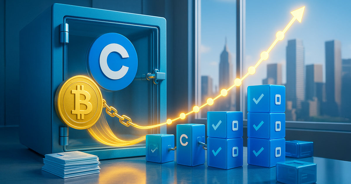 Daylight, photorealistic 16:9 scene shows a Coinbase-branded blue vault chaining gleaming Bitcoin collateral to rising stacks of blue “loan” cubes as a dotted liquidity arc climbs toward the skyline