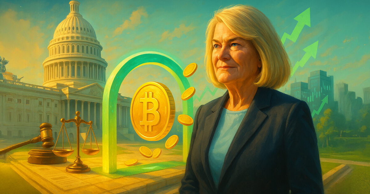 Senator Cynthia Lummis beside the U.S. Capitol as golden Bitcoin coins pass through a glowing green threshold with justice scales and rising market arrows in the background.