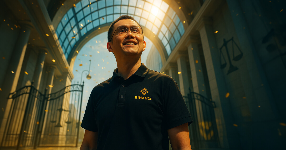 Binance founder Changpeng Zhao beneath a sunlit glass atrium with golden confetti-like highlights, open gates, and subtle justice-scale motifs in cool blues and warm golds symbolizing a pardon.