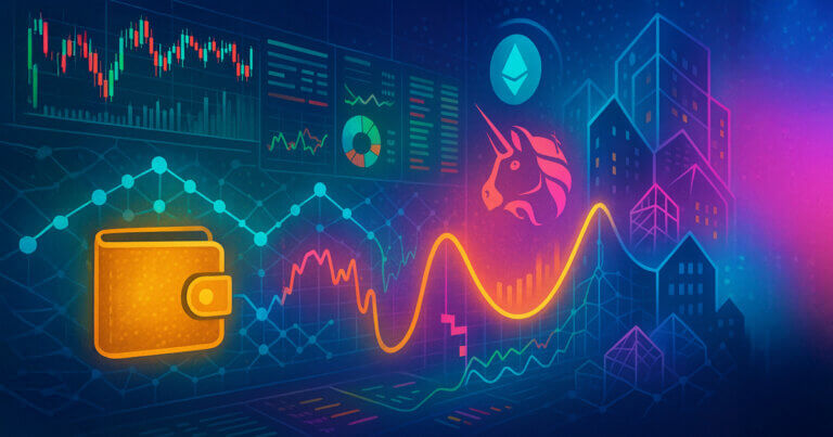 A bright, cinematic 16:9 scene shows glowing AMM curves, Uniswap and Ethereum logos, and layered on-chain charts surging across a stylized cityscape to symbolize DEX-led price discovery.
