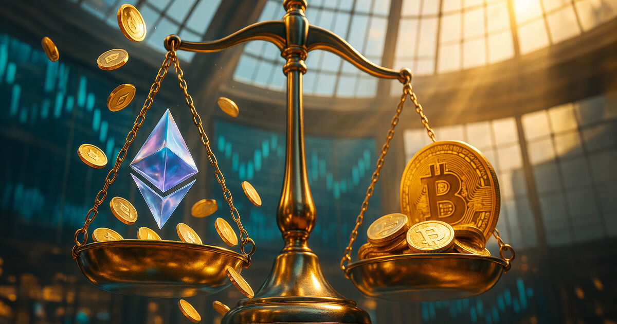 a gleaming brass balance scale in a sunlit trading hall with the Ethereum logo hovering over a light pan as coins slide off while a heavier pan stacked with Bitcoin presses down, framed by bright teal candlestick walls and warm golden rays.