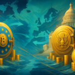 An expansive Atlantic map divides gleaming EU and US vaults overflowing with Bitcoin stacks, with dynamic arrows suggesting a bright, accelerating reserve race between the blocs.