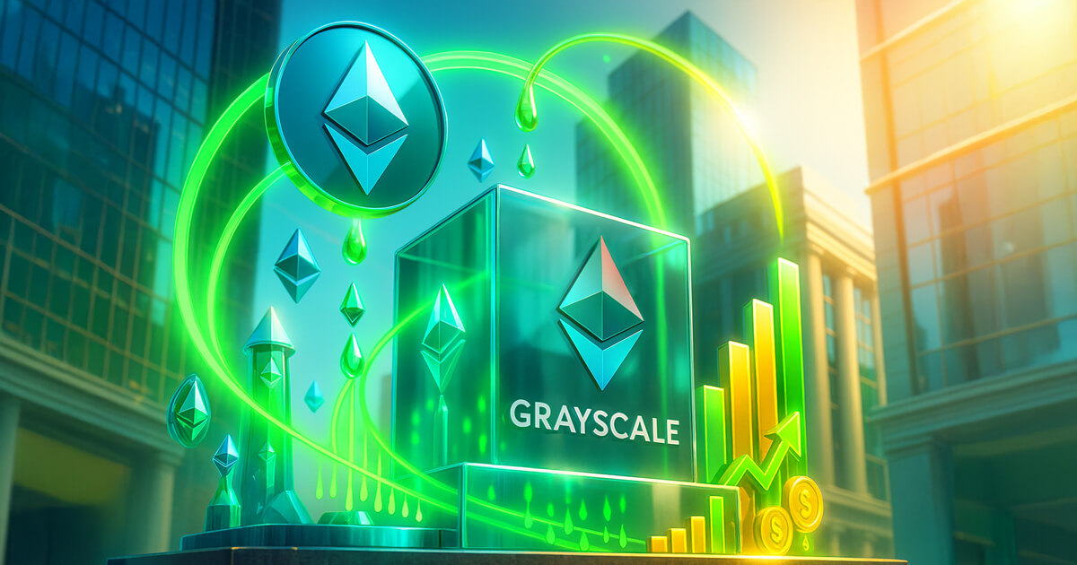 A sunlit financial plaza features a glass Grayscale monument with the logo as emerald staking streams arc from Ethereum symbols into rising yield bars and coin payouts.