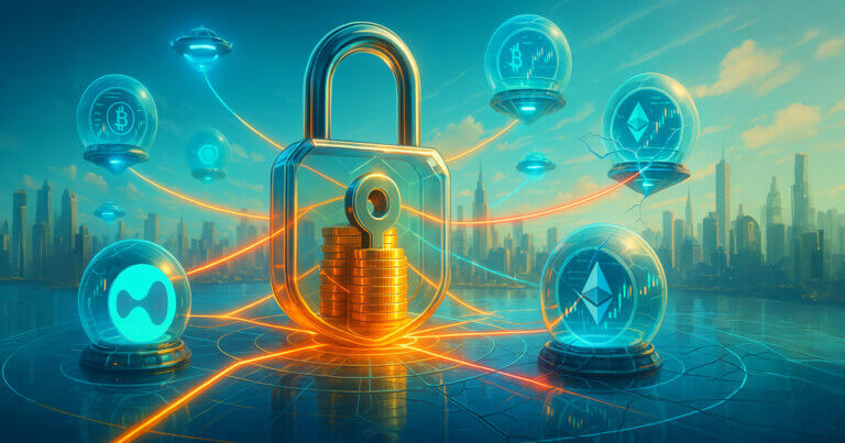 a giant glass padlock of collateral at center with neon data arcs connecting isolated bubble-like perp markets guarded by validator shields over a sunlit skyline.