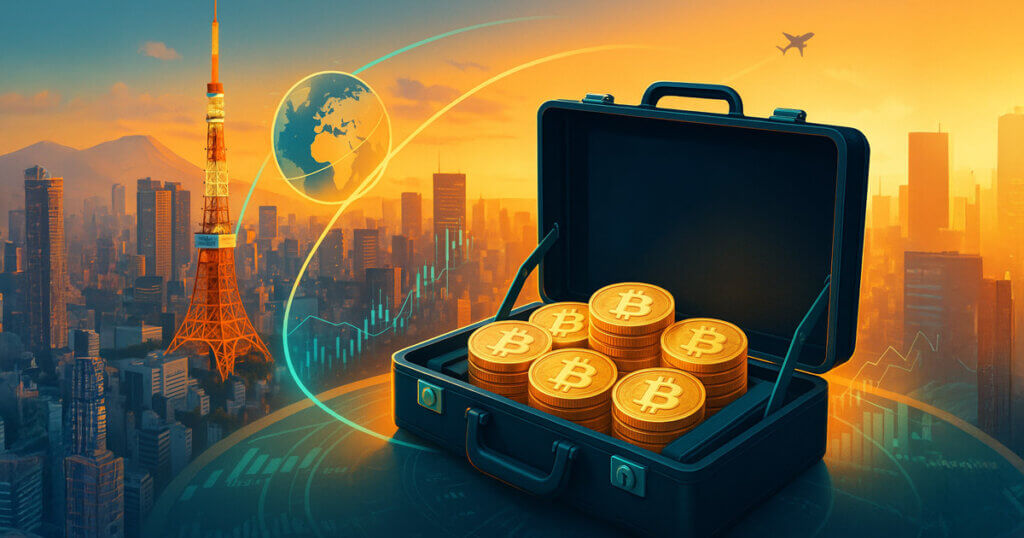 Cinematic Tokyo skyline at golden hour with Tokyo Tower as teal global capital arcs flow into an open briefcase brimming with Bitcoin coins, symbolizing Metaplanet’s overseas raise for a BTC treasury spree.