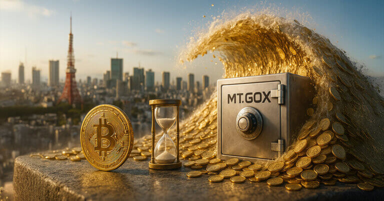 Hyper-realistic 16:9 image of a sunlit Tokyo skyline where a stainless steel safe engraved “MT.GOX” is battered by a golden wave of coins, with a detailed Bitcoin and nearly empty hourglass in the foreground.