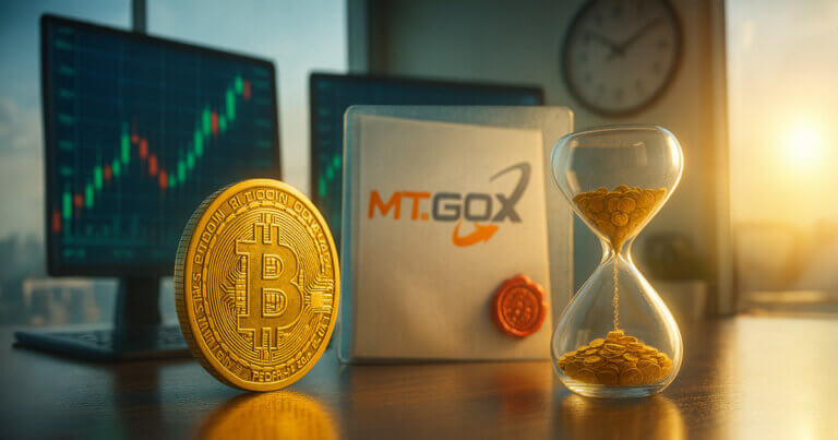 A hyper-real low-angle shot shows a gleaming Bitcoin beside a glass hourglass trickling coins, with trading screens and a sealed folder bearing the Mt. Gox logo glowing in bright, high-key light to signify a prolonged, managed supply delay.