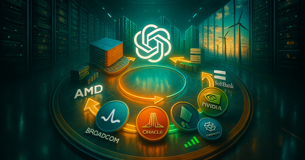 OpenAI logo glowing at the center of a circular loop linking AMD and Broadcom chip stacks, Oracle and SoftBank data center towers, and Nvidia and CoreWeave logos, all connected by bright arrows with wind turbines visible through sunlit glass walls.