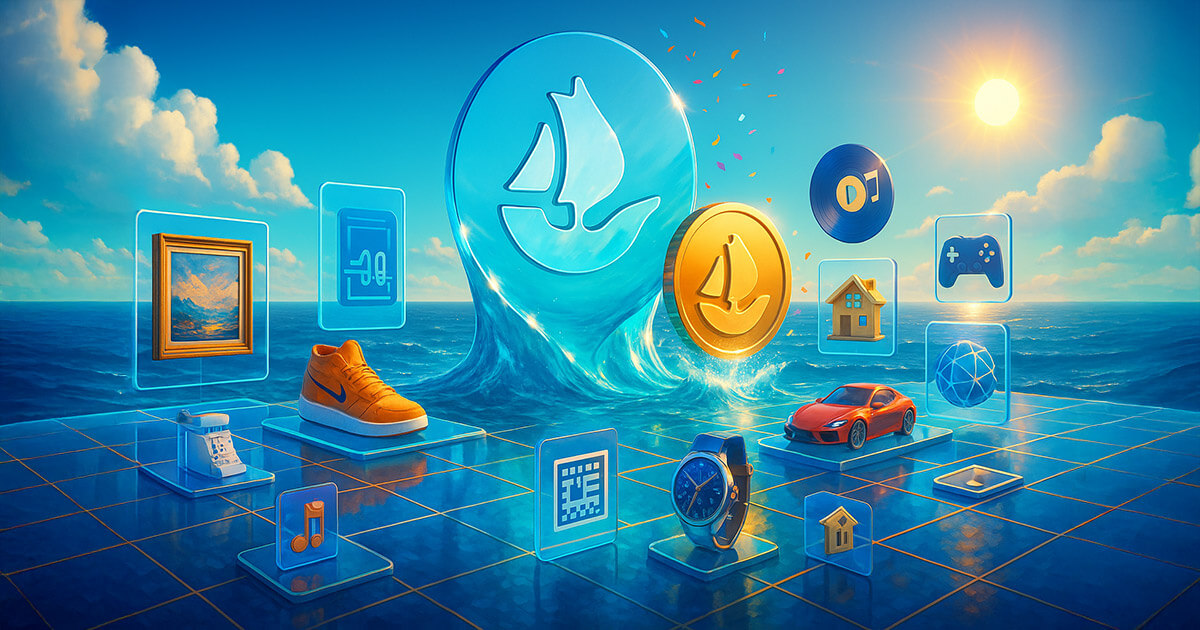 A bright, hyperrealistic ocean-front trading plaza features a towering glass OpenSea sailboat logo and a gleaming coin rising from turquoise waves, surrounded by floating pedestals of diverse assets—art, sneakers, tickets, music, watches, a car, a house key, a game controller, and a connected globe—evoking OpenSea’s “trade everything” vision and an upcoming 2026 token launch.