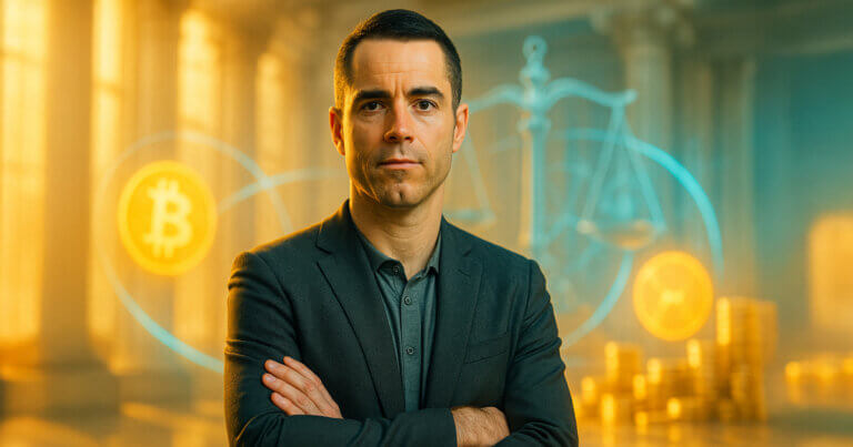 portrait of Roger Ver in golden-teal lighting before a bright courthouse atrium with subtle Bitcoin symbols and scales of justice accents.