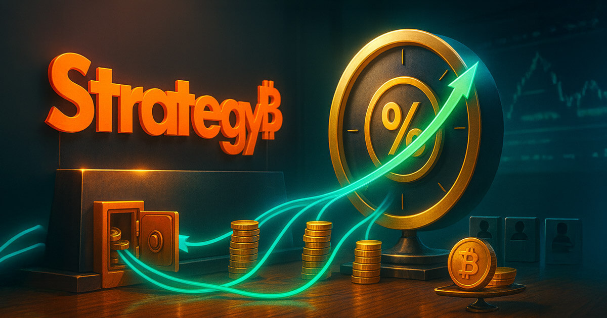 Cinematic desk scene with the orange Strategy logo beside a golden % yield dial as teal flows stream from a vault into rising coin stacks and a Bitcoin balance plate to symbolize a richer dividend.