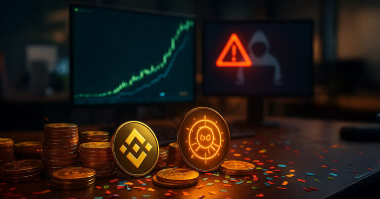 Photorealistic trading desk with a glowing Binance logo coin and a hacker-themed memecoin token before monitors showing a vertical price surge and a red breach warning, evoking a $10M windfall.
