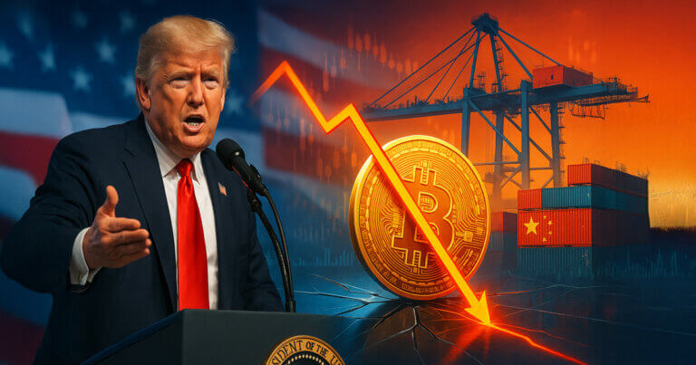 Donald Trump speaking beside a Chinese container port as a large golden Bitcoin tilts over a cracked reflective floor while a glowing downward line cuts across, evoking sharp market stress.