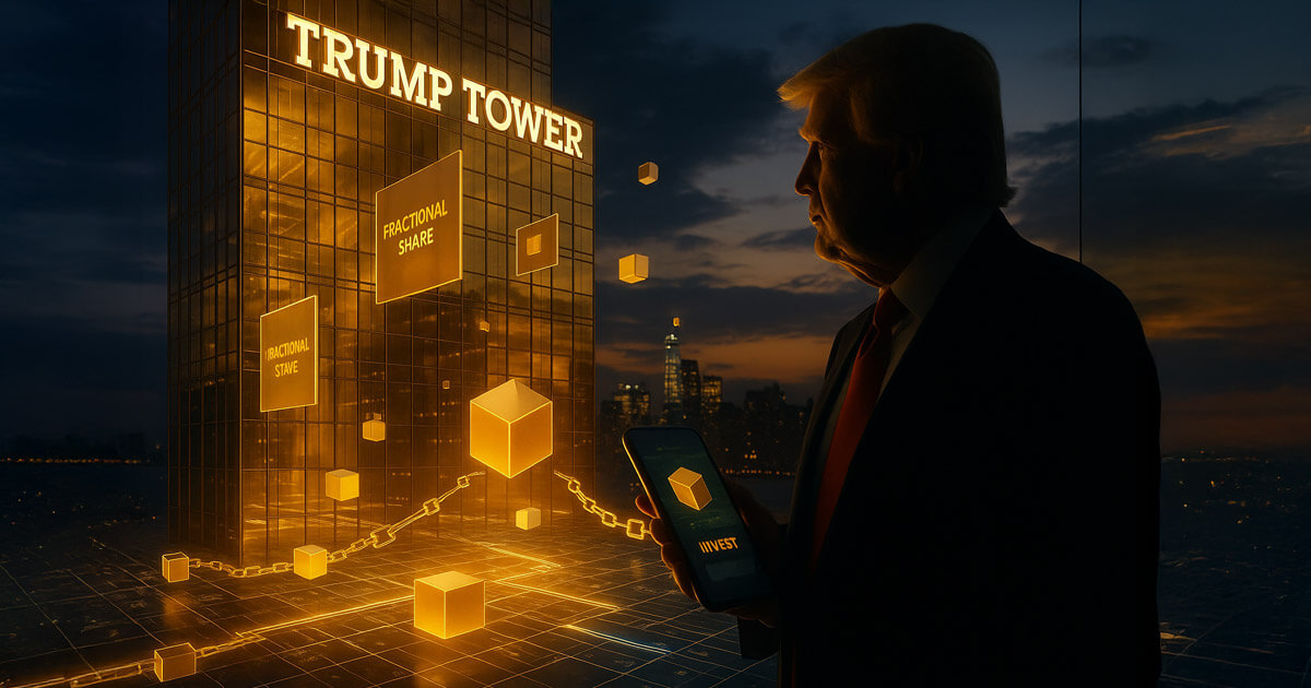 A glowing Trump Tower is shown with blockchain cubes and "fractional share" text, symbolizing tokenized real estate investments linked to Trump properties - Cover art/illustration via CryptoSlate