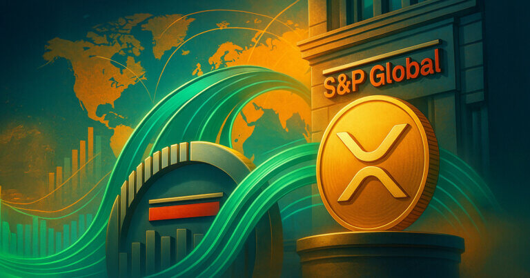 A matte, high-key scene shows a golden XRP coin before an S&P Global façade as emerald inflow streams arc over a world map and index dial to signal potential inclusion.