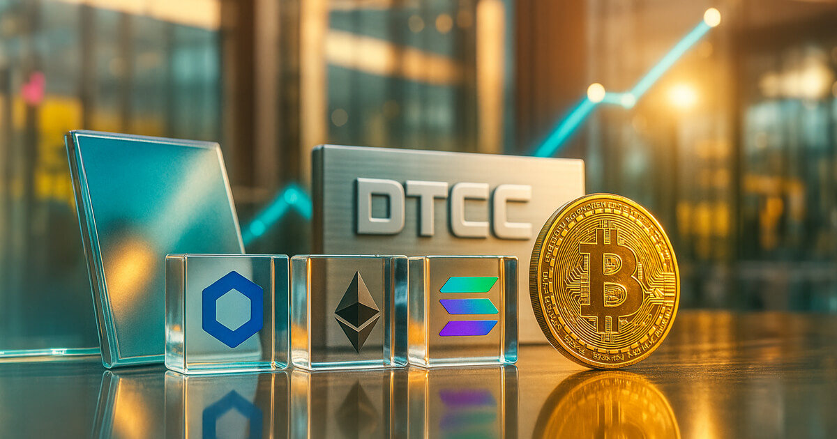 a trading-desk surface features glass cubes with Chainlink, Ethereum, and the official Solana tricolor bars logo beside a gleaming Bitcoin coin and a metallic DTCC plaqu