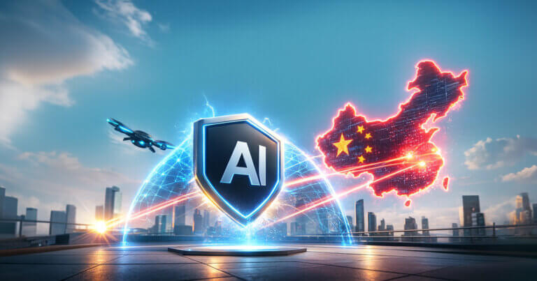 a shield bearing the attached AI logo projecting a blue defense dome as drones intercept red attack beams from a holographic map of China against a vivid skyline.