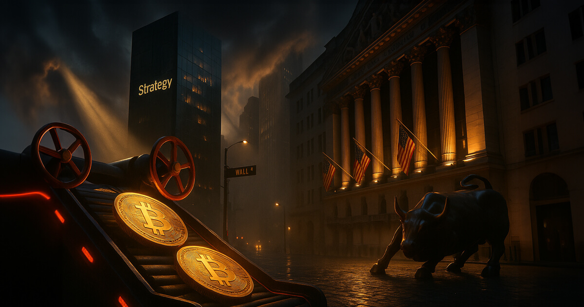 Wall Street scene at storm-lit dusk shows a gleaming Bitcoin conveyor slowing beside the NYSE colonnade and Charging Bull, while a glass tower with a glowing “S” monogram suggests Strategy—bathed in dramatic shafts of light and a soft cinematic glow.