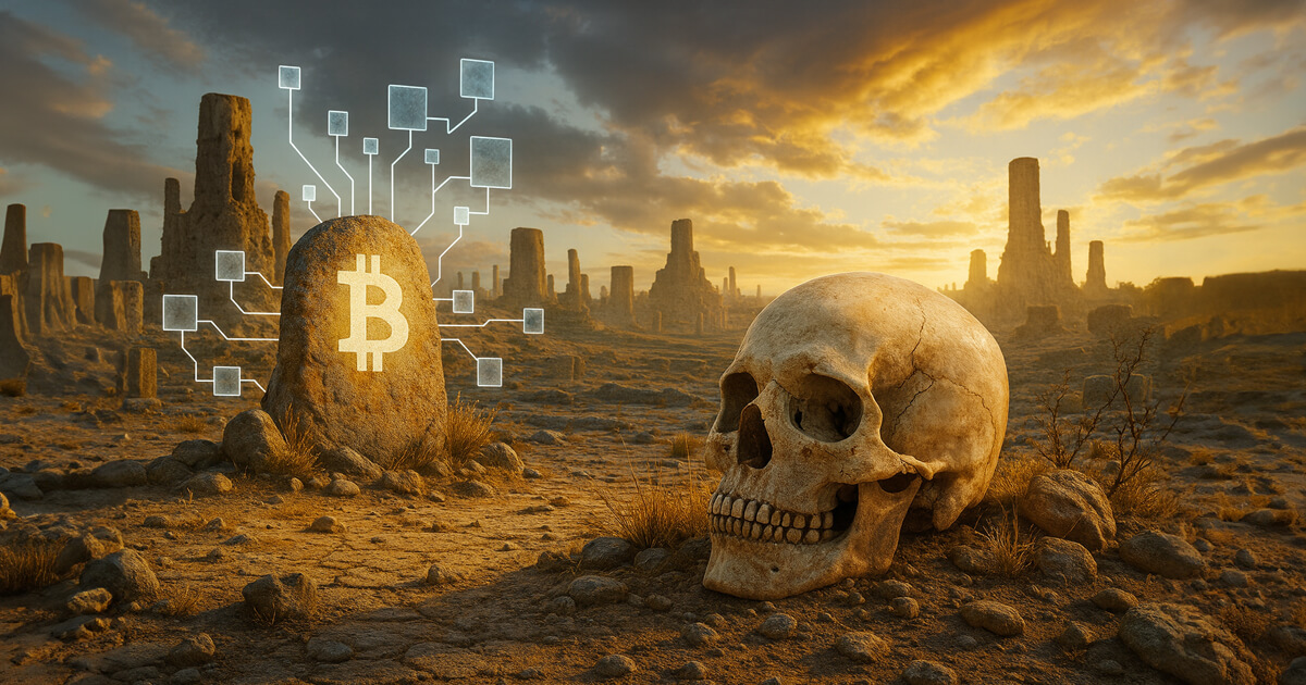 A large human skull lies in a desolate desert landscape at sunset beside a stone marked with a glowing Bitcoin symbol and branching digital network lines.
