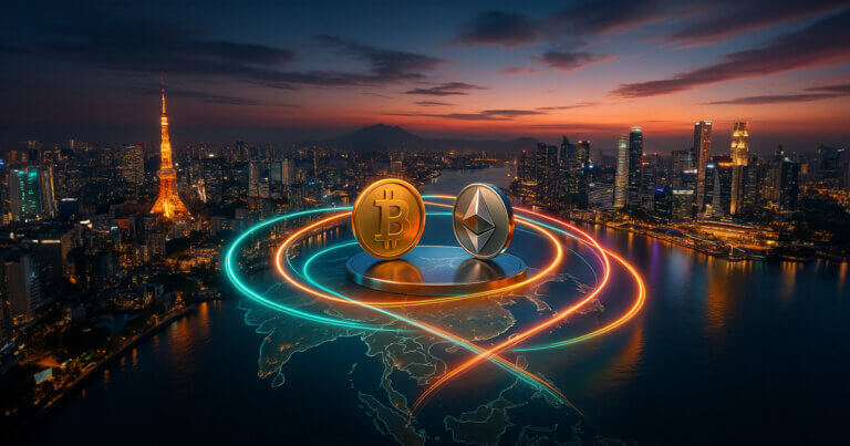 Tokyo, Hong Kong, and Singapore skylines linked by luminous teal, amber, and magenta rails converging on polished Bitcoin and Ethereum emblems over a bright sunrise map of Asia.