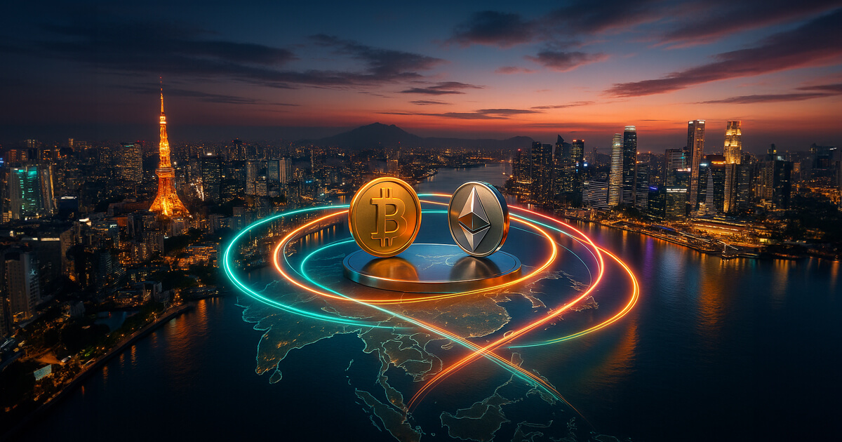 Tokyo, Hong Kong, and Singapore skylines linked by luminous teal, amber, and magenta rails converging on polished Bitcoin and Ethereum emblems over a bright sunrise map of Asia.
