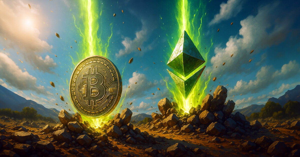 A dramatic scene shows giant Bitcoin and Ethereum symbols emerging from glowing green energy beams that crack the rocky ground beneath them, set against a bright sky and mountain landscape.