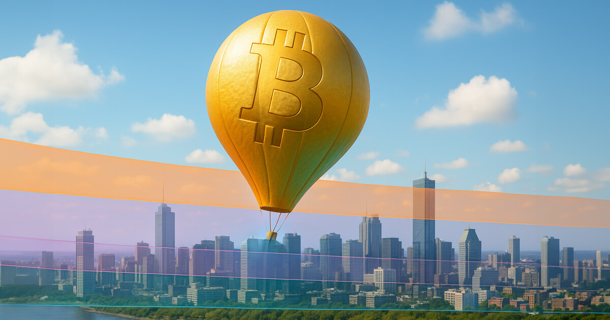 A giant matte-gold Bitcoin hot-air balloon slowly descends across a bright city skyline, passing through horizontal translucent bands of orange, purple, and teal that represent liquidity channels.
