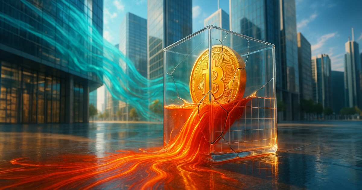 A bright city plaza features a cracked glass “fund” cube around a giant golden Bitcoin, spilling vivid red-orange liquid that streams across reflective stone while cool teal data currents sweep behind, symbolizing heavy outflows.