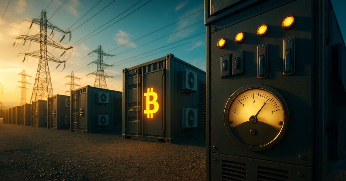 modular Bitcoin mining containers beside high-voltage pylons, with a glowing control gauge in the foreground and soft teal-gold light suggesting responsive load shifting across the grid.