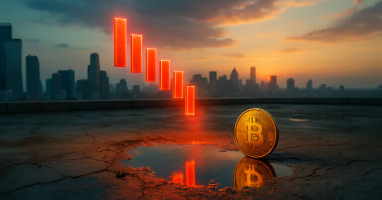 A glowing red downward arrow chart reflects in a puddle beside a standing Bitcoin coin on a rooftop overlooking a city at sunset.