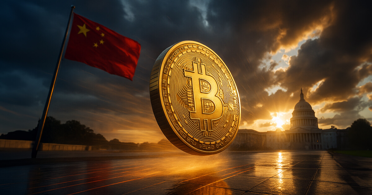 A massive golden Bitcoin floats above a wet plaza at sunset, with Chinese flags waving and the U.S. Capitol glowing under dramatic clouds.
