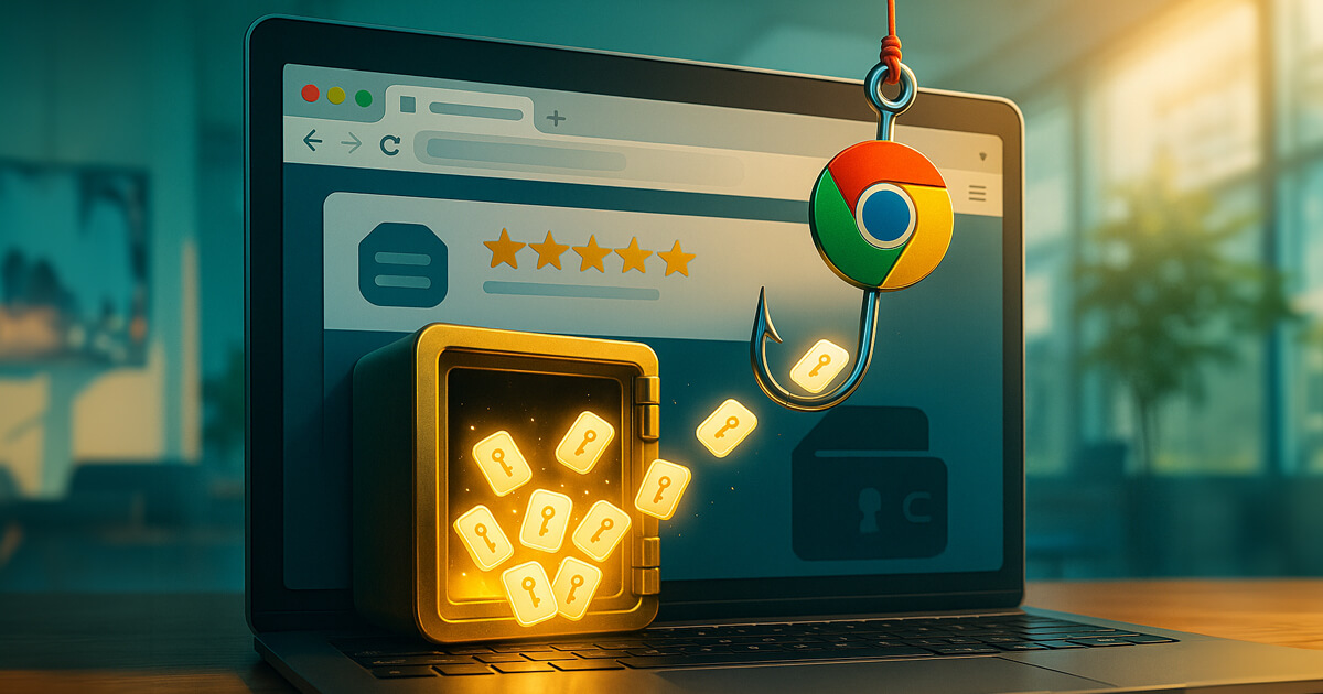 A Chrome-logo fishing hook dangles from a brightly lit browser extension page with five golden stars and a crown badge as glowing seed-phrase tiles spill from a small safe toward a dark wallet icon on the screen.