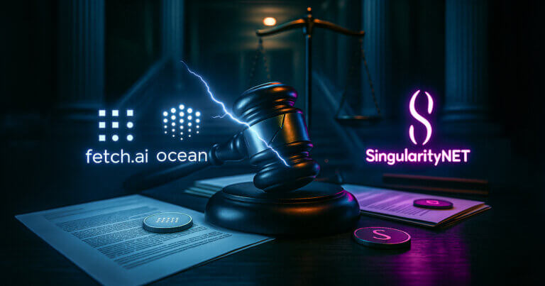 courthouse scene with a cracked gavel under cool teal lighting where the updated Fetch.ai grid logo glows beside Ocean Protocol and SingularityNET, emphasizing the alliance’s legal fracture.