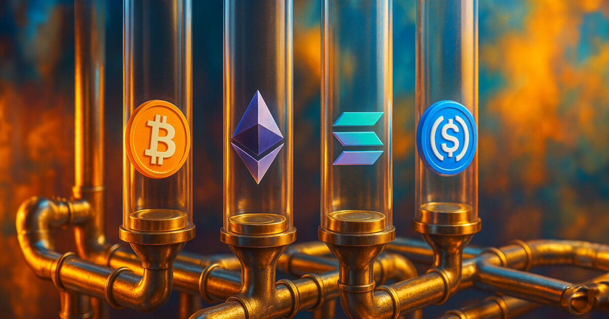 Ethereum, Solana, USDC, and Bitcoin glow within the transparent tubes against a bright, warm-cool urban backdrop