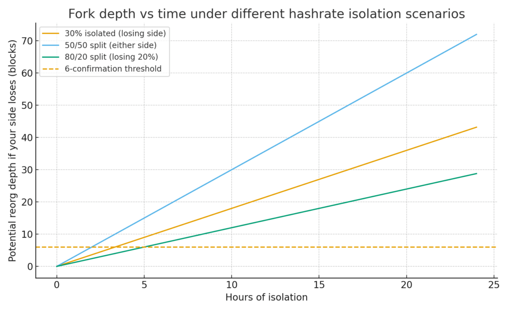 Potential reorg depth on the losing side rises linearly with isolation. Even short 50/50 splits create deep risk.