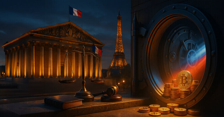 Paris night scene shows the Palais Bourbon and Eiffel Tower glowing while a tricolor-lit vault bursts with gleaming Bitcoin stacks opposite a bronze scale and gavel, capturing the tension between taxation and a sovereign bitcoin reserve with dramatic lighting and a soft, realistic glow.