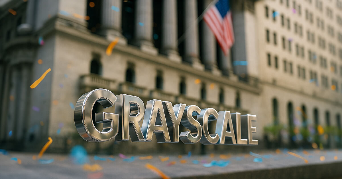 “GRAYSCALE” letters hover midair in front of the NYSE facade as colorful confetti floats through bright daylight.