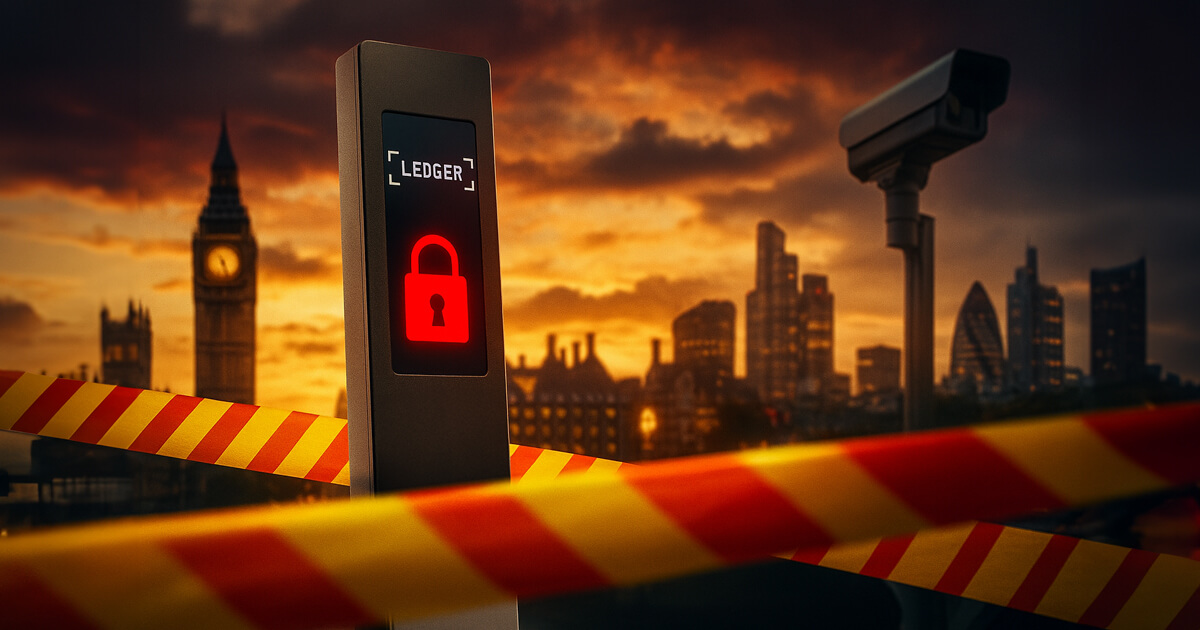 A Ledger hardware wallet with a glowing red padlock icon stands in front of London’s skyline at sunset, surrounded by yellow caution tape and watched by a CCTV camera, symbolizing digital restrictions and surveillance.