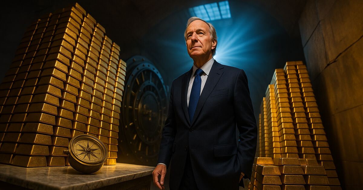 Ray Dalio in a navy suit amid towering gold bars and a brass compass with cool skylight beams cutting through warm reflections.