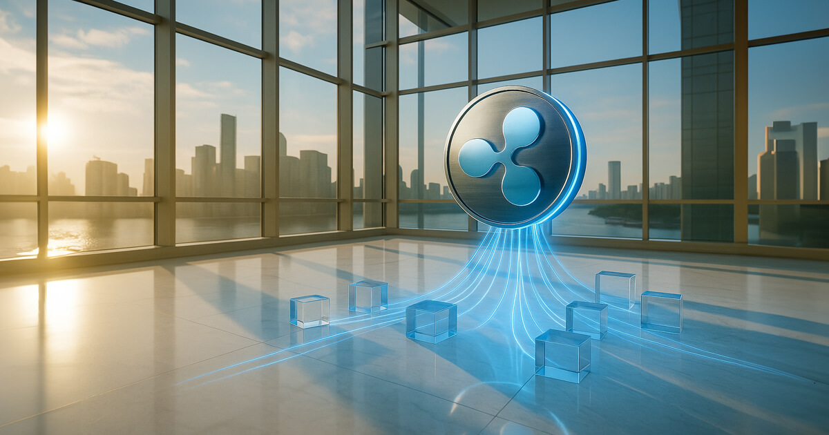 a polished white marble floor and an ultra-realistic metallic Ripple coin hovering above, its blue glow feeding into clear crystal cubes against a bright city skyline.