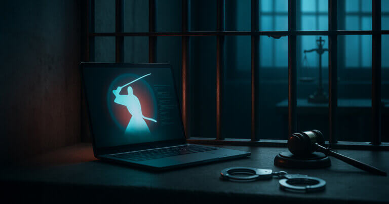 A sunlit jail cell frames a glowing laptop with the Samourai icon beside a gavel and handcuffs, evoking the clash between privacy code and the law