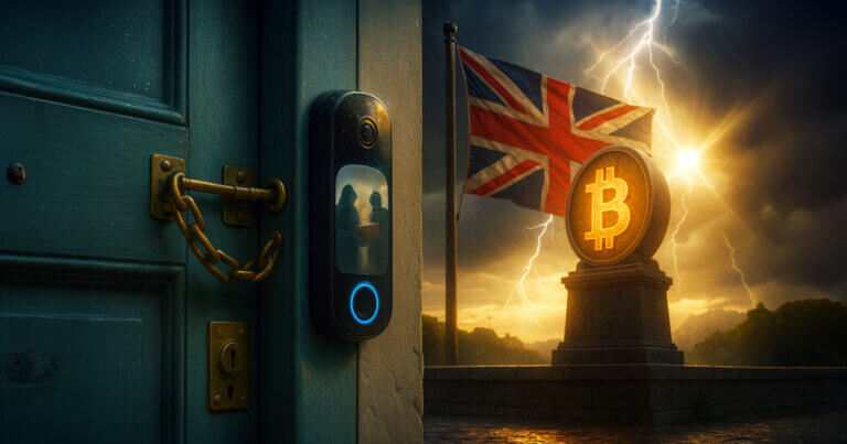 A chain-locked teal door with a smart doorbell reflecting two delivery-disguised silhouettes stands opposite a lightning-lit plinth bearing a glowing Bitcoin beside a wind-whipped Union Jack under bright storm-split skies.