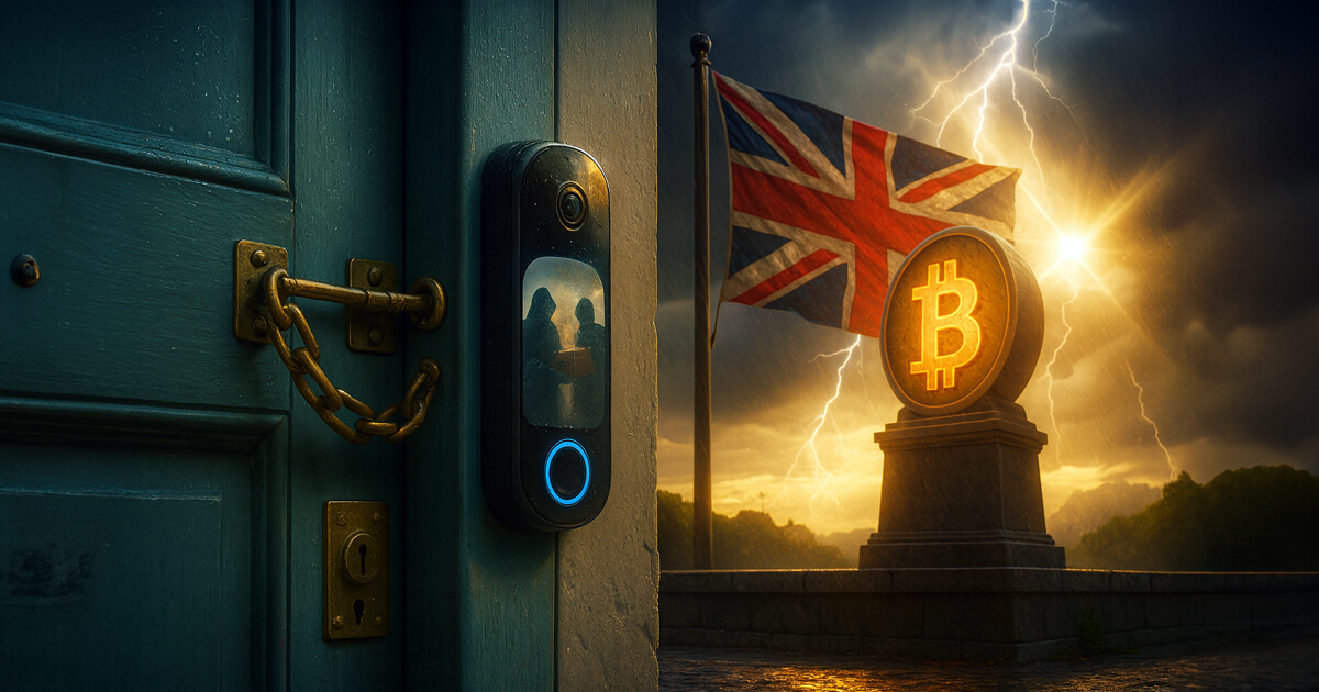 A chain-locked teal door with a smart doorbell reflecting two delivery-disguised silhouettes stands opposite a lightning-lit plinth bearing a glowing Bitcoin beside a wind-whipped Union Jack under bright storm-split skies.