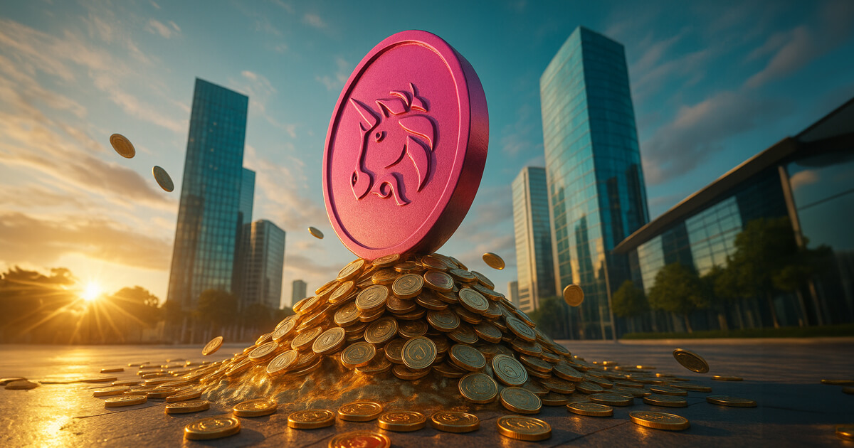 Low-angle wide shot of a monumental magenta Uniswap coin rising from a gleaming mound of gold tokens in a sunlit city plaza, with teal glass towers and a bright sky creating a vivid, cinematic scene.