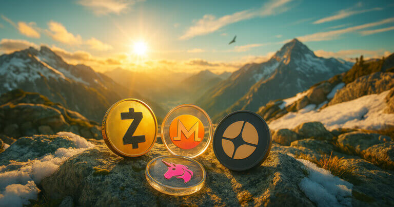 Four glossy coins—Zcash, Monero, Uniswap, and the updated Astar—lie on snow-flecked granite atop a sunlit mountain ridge with golden clouds and distant peaks.