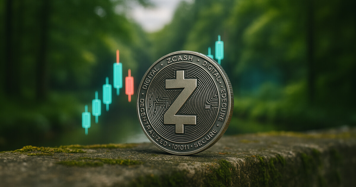 a gleaming silver Zcash (ZEC) coin standing upright on a mossy rock surrounded by lush greenery