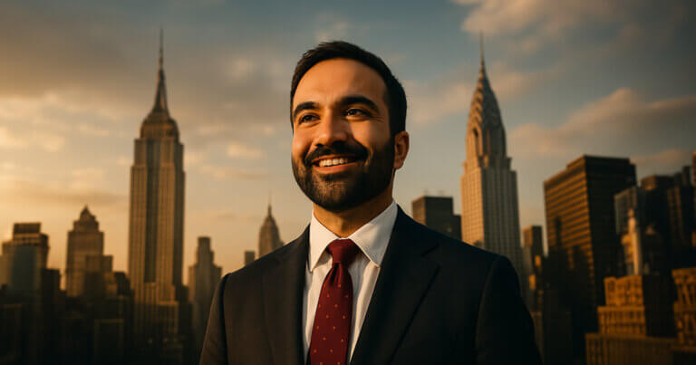 Zohran Mamdani in dramatic daylight with a soft glow, framed by the New York skyline featuring the Empire State and Chrysler Buildings rising behind him.